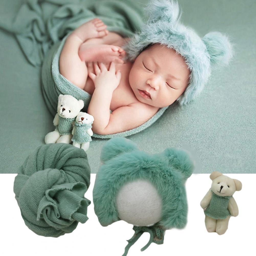 3 stk nyfødt tøj varmt fotografering rekvisitter bomuld bjørn dukke tæppe hat photo shoots tilbehør til baby dress up