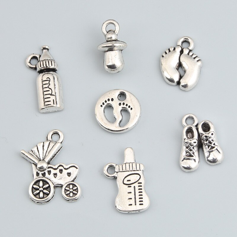14 pçs mix cor prata copo do bebê garrafa de leite encantos pegada carrinho de bebê pingente encontrar diy jóias artesanais accessorie m176
