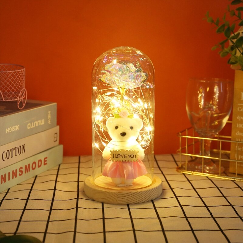 Gold Foil Rose Flower Bear in Glass Dome with LED Night Light Mothers Day Valentine's Day Wedding Party Decoration