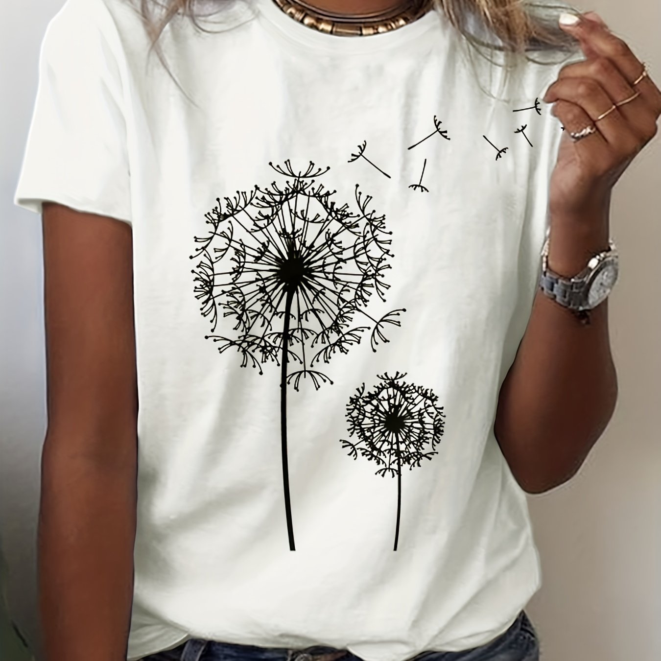 Dandelion Print Crew Neck T-Shirt, Casual Short Sleeve Top For Spring & Summer, Women's Clothing: S / Beige