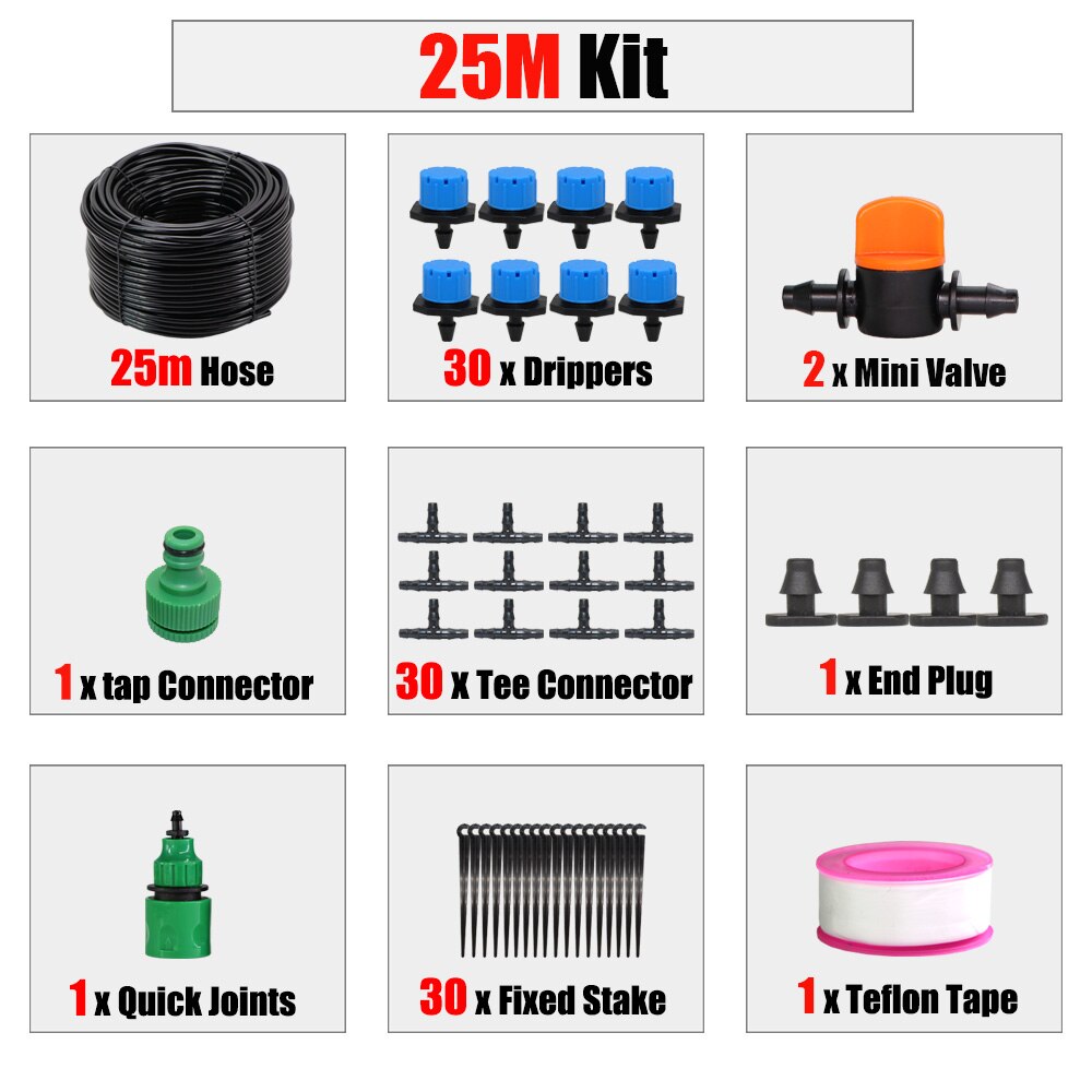 RBCFHl 1/4'' Blue Adjustable Drip Irrigation Nozzle Watering System Stop to Large Water Garden Patio Micro Kits: 25m