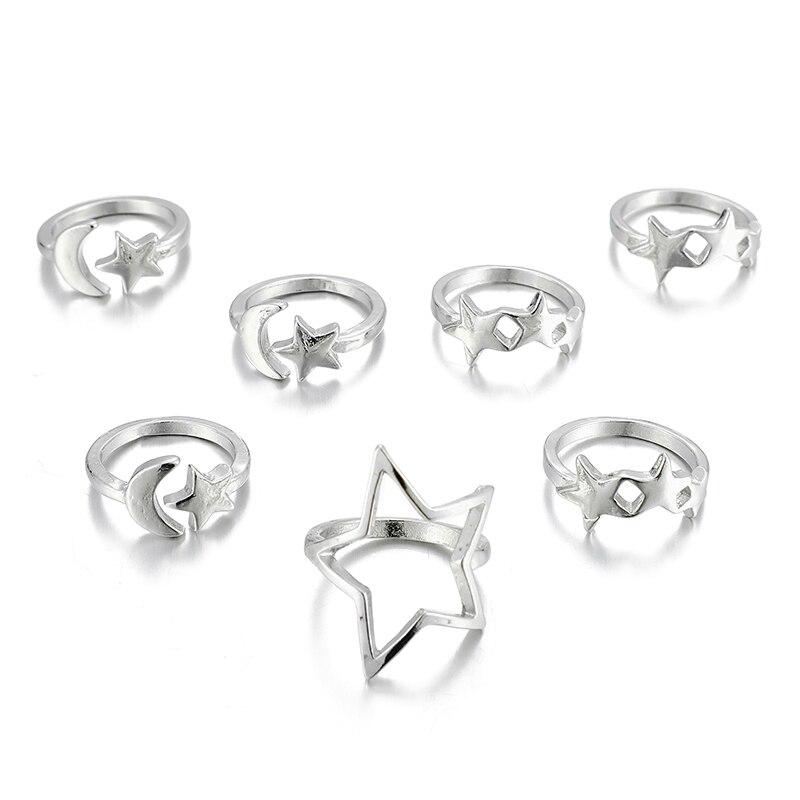 Tocona eenvoudige geometrische sterren maan zilverkleurige ringen voor vrouwen punk boho gezamenlijke vinger ringen set sieraden accessoires: 9619