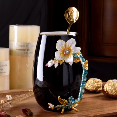 Europe Novelty Enamel Coffee Cup Mug Flower Tea ceramics Cups for and Cold Drinks Milk Alloy Handgrip Cups and Mugs: M-1