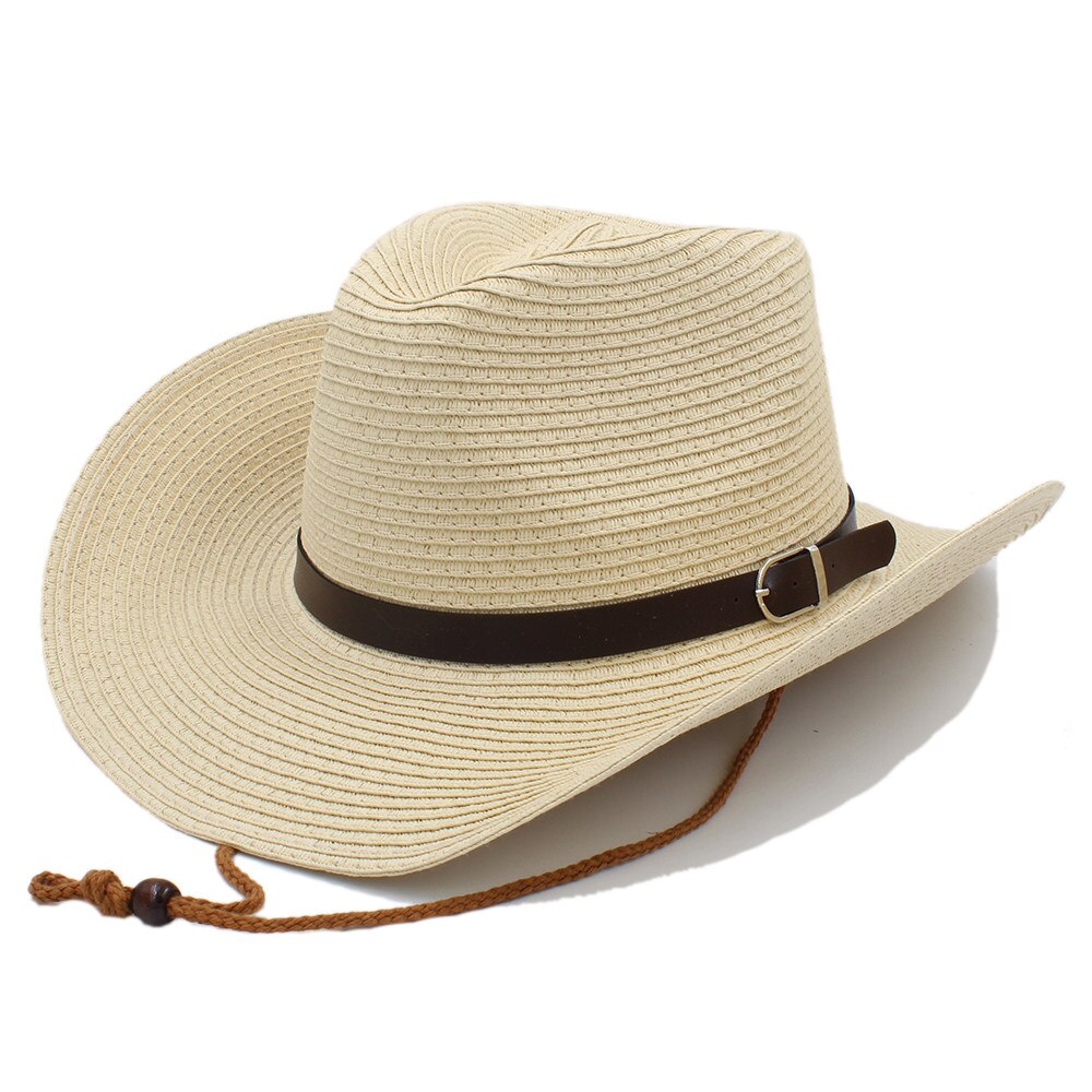 Sombrero de cowboy del oeste con cuerda resistente al viento para señora Caballero Playa Sol Sombrero de vaquera tamaño 58CM A0116-XSJ: Straw