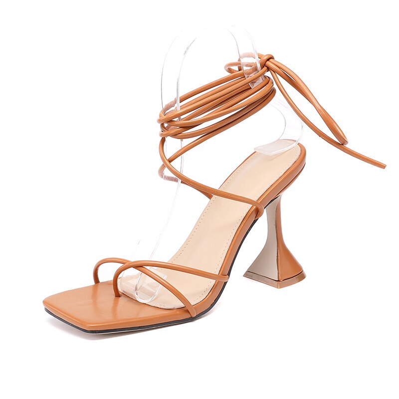 Zapatos para mujer tipo Gladiador, Sandalias de tacón alto de 11cm, zapatos de vestir para de verano, con cordones y correa cruzada, talla 41 42,: Marrón / 40