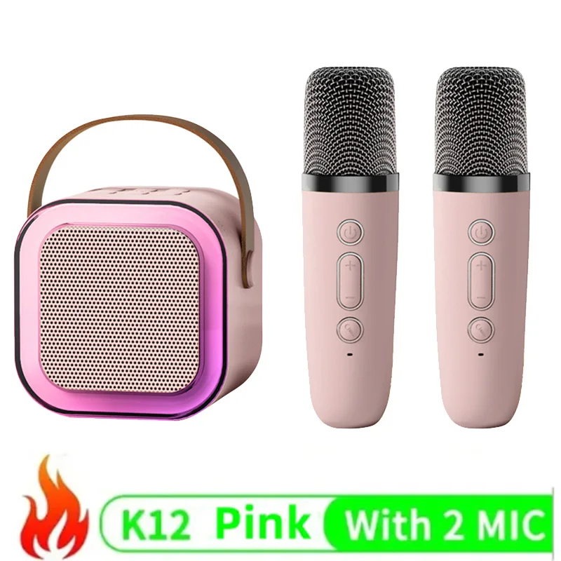 RGB K12 Wireless Bluetooth Speaker With 2 Microphone Multifunction Portable Music Player Karaoke Machine for Child Home: Pink