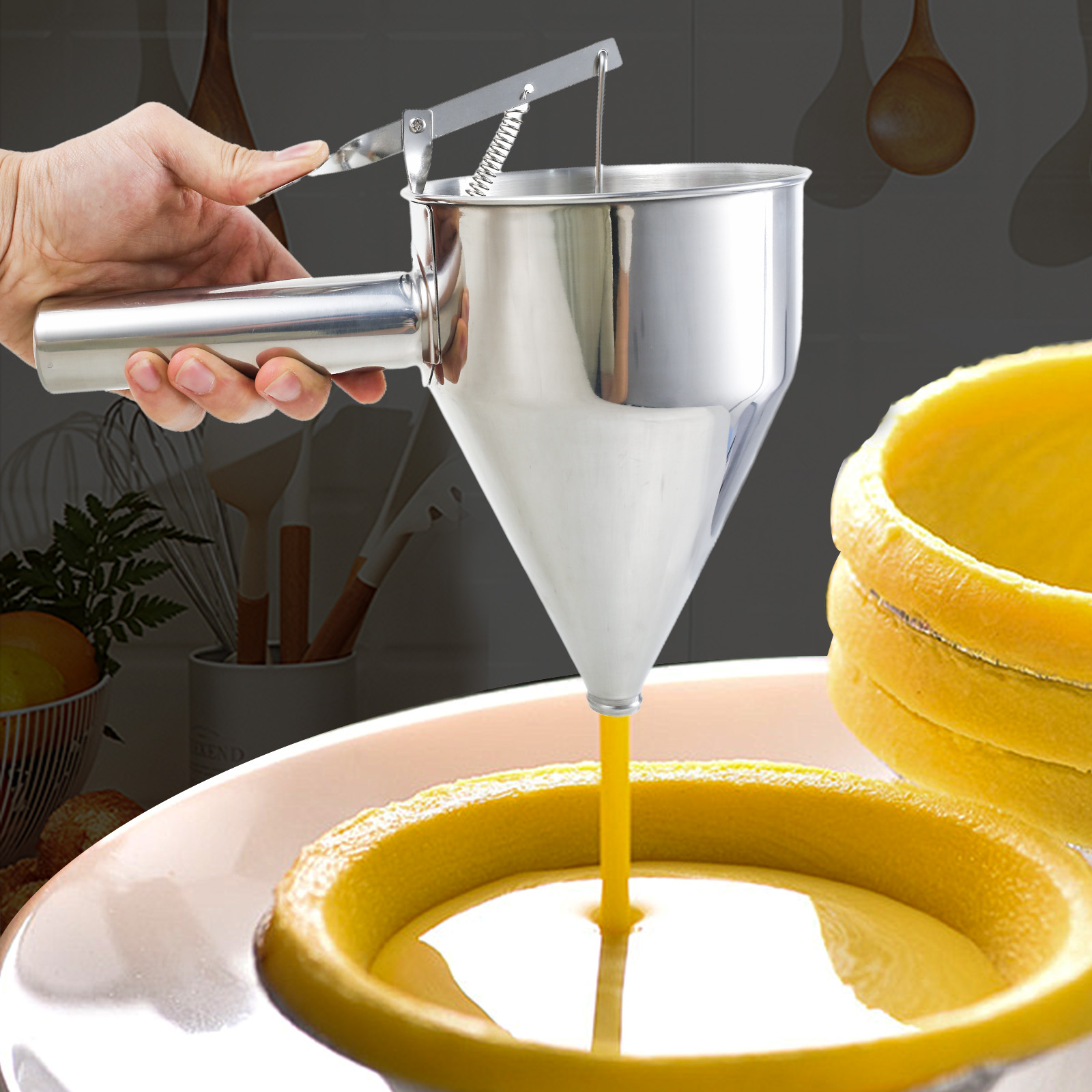 Batter Dispenser Stainless Steel Funnel Dispenser with Lid and Holder Cupcake Pancake Batter Maker Kitchen Batter Baking Tool