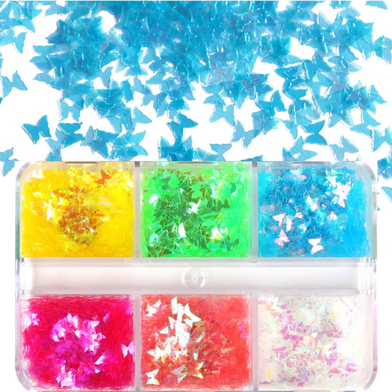 Neon- Herz Schmetterling Nagel Pailletten einstellen Irridescent Stern Blume 3D Charme Flocken Dekoration für Nagellack funkeln Zubehör: 6G-TGBF1