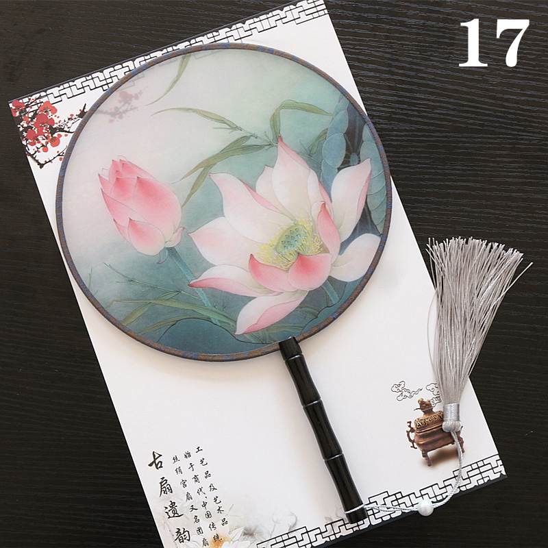 Hanfu Circular Fans Vintage Tassel Long Handle Ancient Chinese Style Court Dancing Round Fan Classical Printed Wedding Round Fan: 17