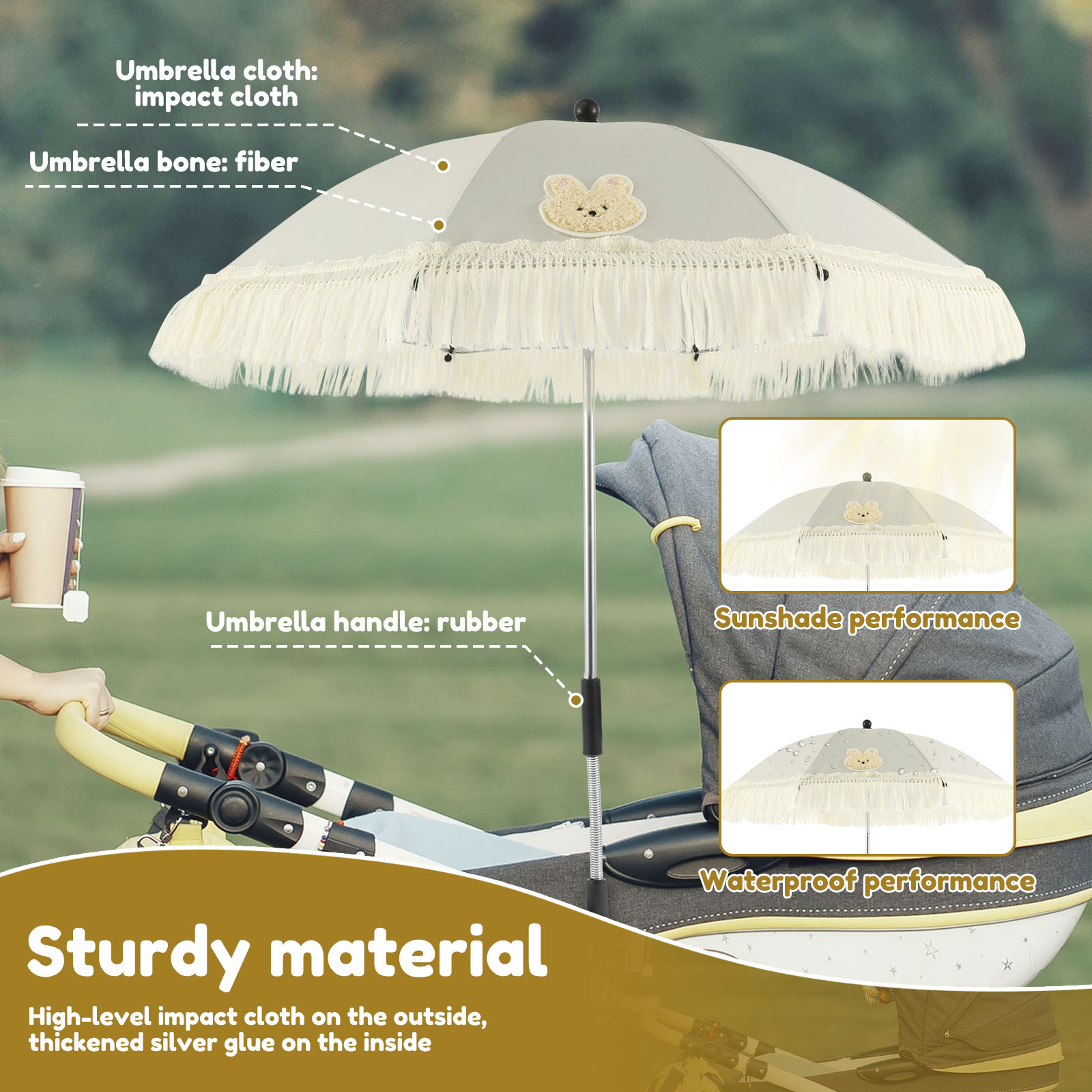 Kinderwagen-sonnenschirm für draußen, upf 40, niedlicher Clip-sonnenschirm, verstellbarer kinderwagen-regenschirm mit quaste für kinderwagen