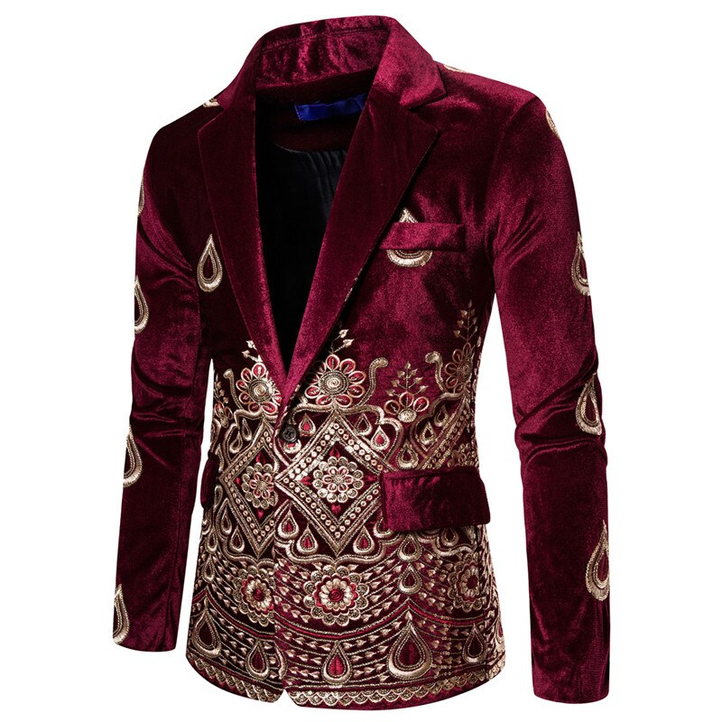 Blommiga broderade män bröllopskostymer sammetsblazers festsmoking formell brudgum slim fit kostym sångare scenjackor