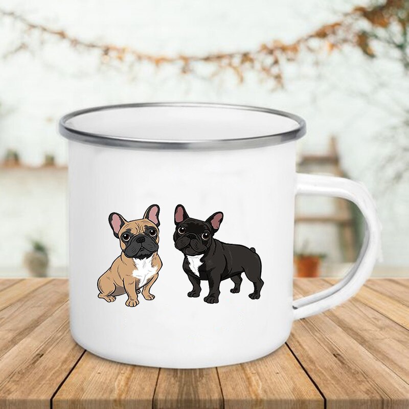 Taza de esmalte con estampado de Bulldog, tazas creativas para café, té, desayuno, leche, Camping, con asa, para amantes de los perros