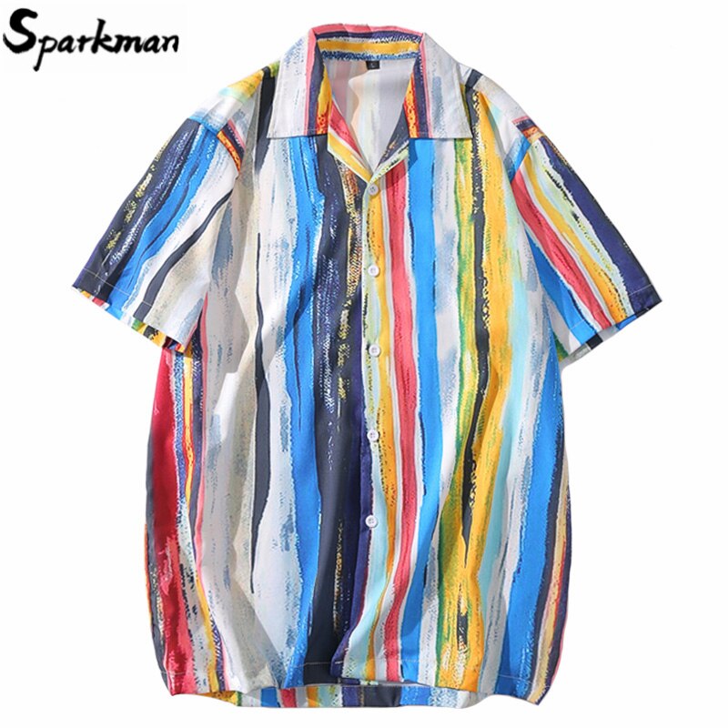 Uomini Camicia Hawaiana Pittura Arcobaleno Striscia di 2020 Camicia anca salto Streetwear Harajuku Camicia Spiaggia HipHop Camicette proprietà Del Manicotto Del Bicchierino