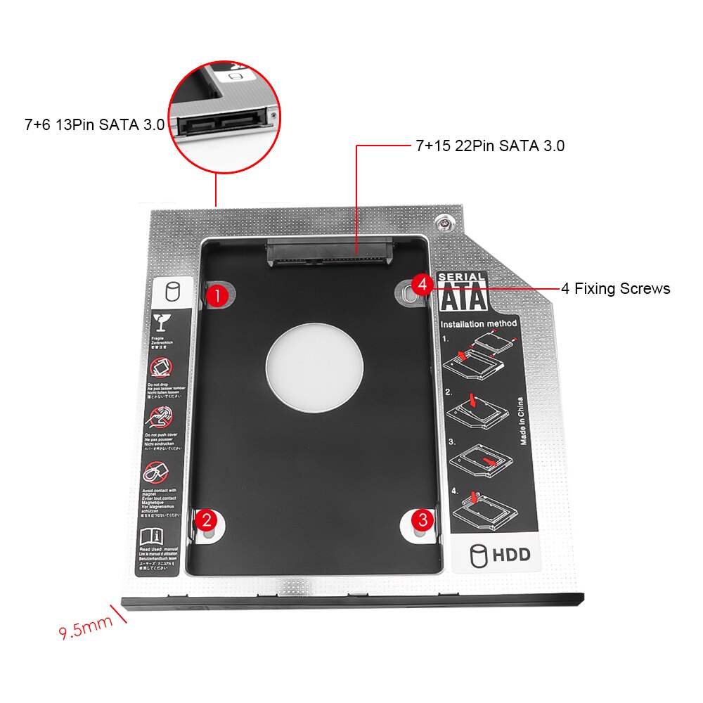 2nd HDD Caddy Hard Disk Drive 9.5mm 12.7mm Aluminium Alloy Case for 2.5&quot; SSD Case Hard Disk Bracket SATA III 3.0 for Notebook