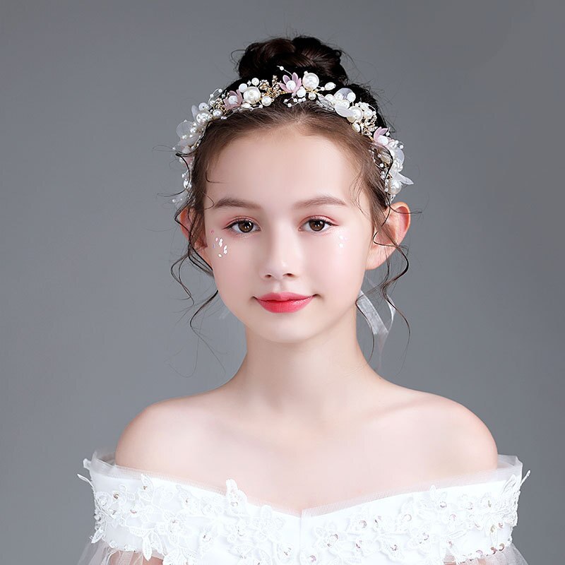 Girl Headband Princess Tiara Crown Decoration Bride Bridesmaid Wedding Girl Wreath Fresh and Beautiful Head Flower Kids Headwear: Pink-1