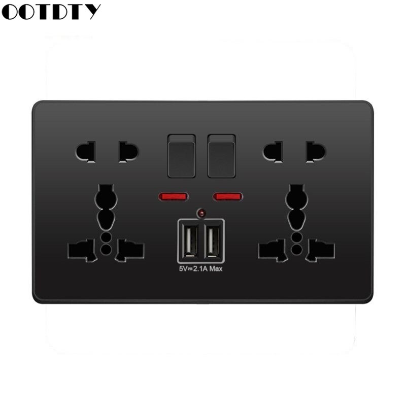 Multifunction UK 13A Wall Socket Push Button 2.1A Double USB Charging Ports: Black