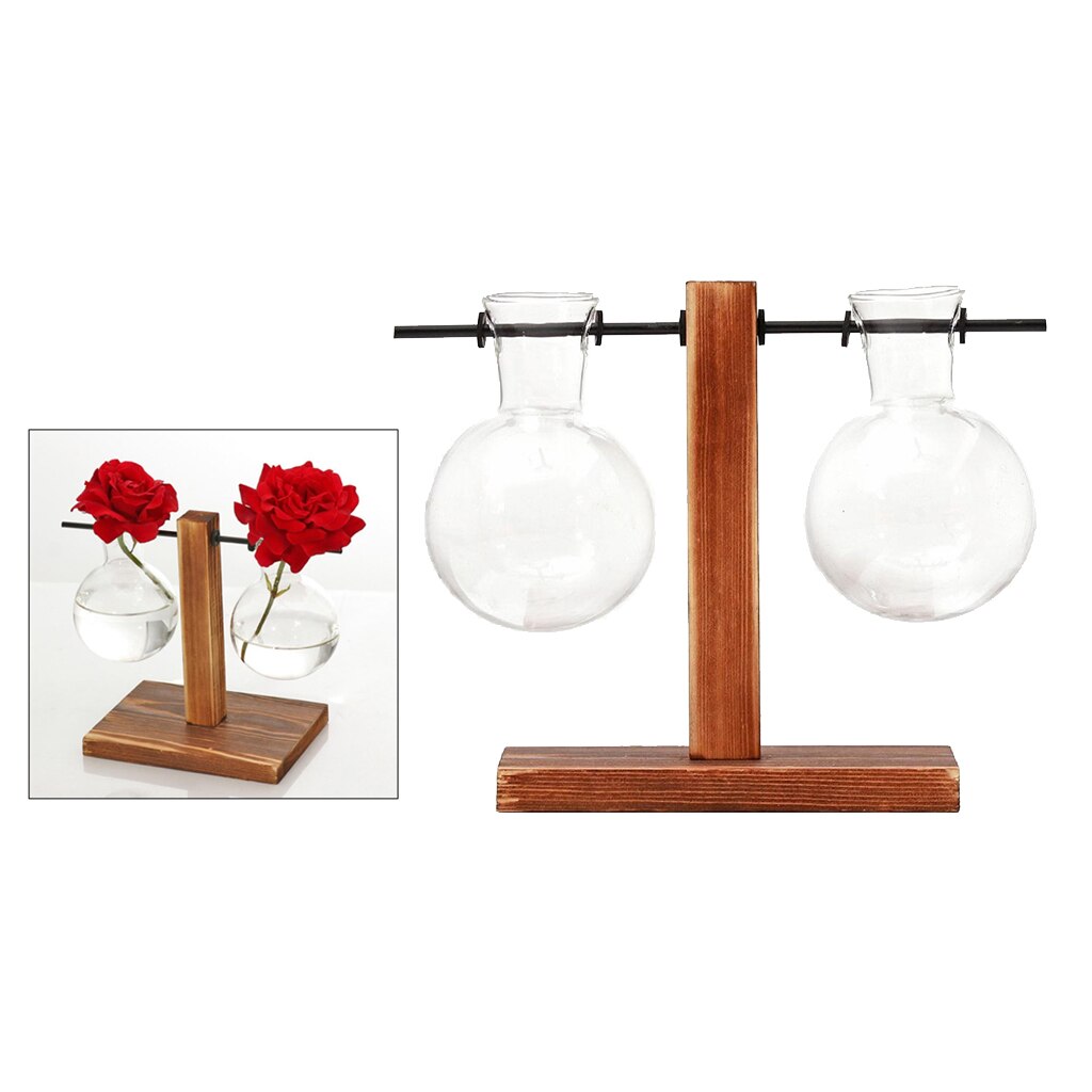 Glass Terrarium Planter Bulb Vase Archaistic Wooden Propagation Station Stand Metal Swivel Holder for Air Plants