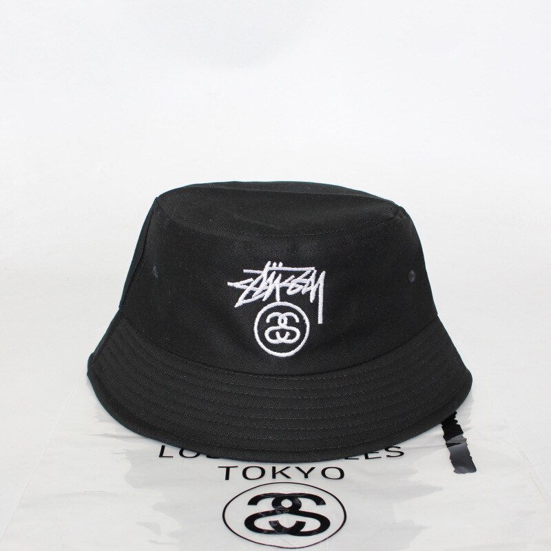 Sombrero de pescador para hombre y mujer, sombrilla bordada con doble etiqueta, estilo urbano, para primavera y verano: Negro
