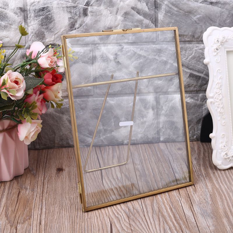 Gold Floating Metal Glass Photo Frame Desktop Wedding Pictures Portrait Display M6CE