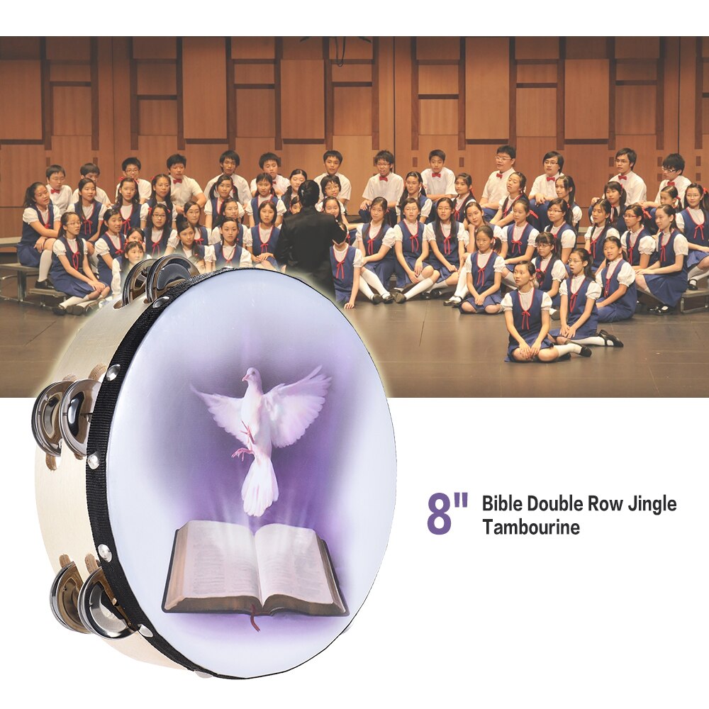 8 "og 10 '' dobbelt række jingle tamburin håndklap klappe tromme percussion instrument med due og bibel mønster til kirke: 8 tommer