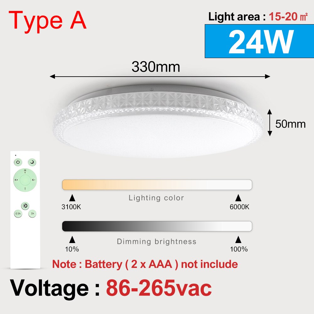 Smart LED Ceiling Light Lamp Brightness Dimmable 24W AC110V/220V For Bedroom Living Room Modern Ultra Thin Ceiling Light Lamp: Type A Dimmable