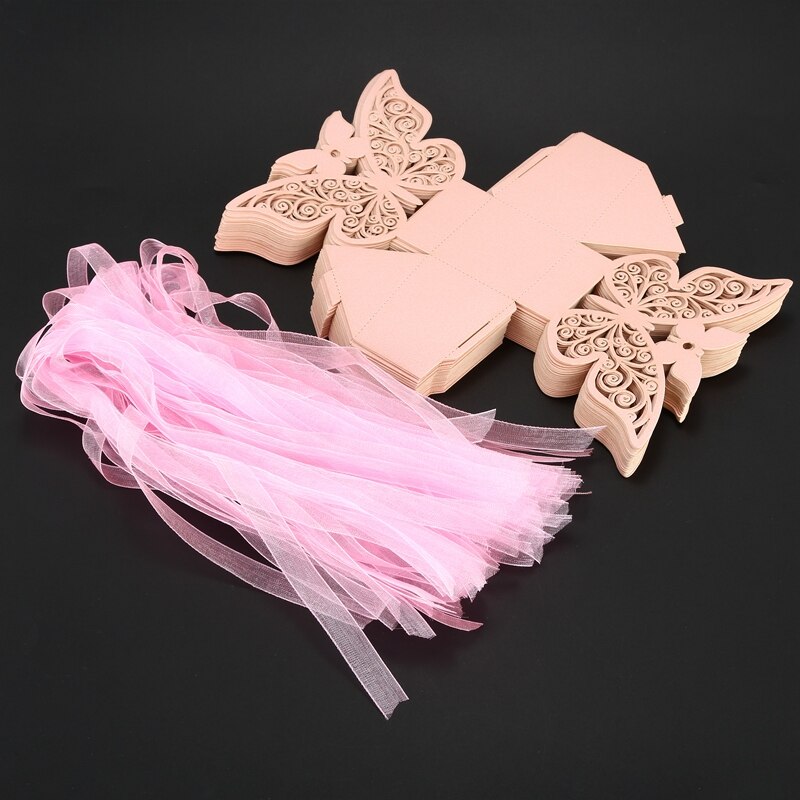 50 stk butterfly bryllup favor boks bursdagsfest godteri bokser (rosa)