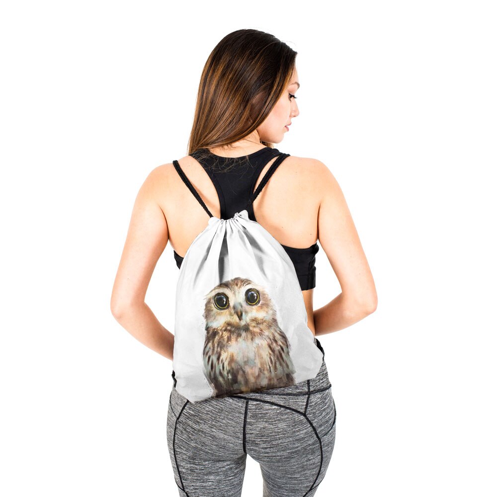 Who care-Bolso de lazo de dibujos animados para mujer, bolsa de compras portátil con estampado 3D de búho para zapatos, mochila de gimnasio de para viaje