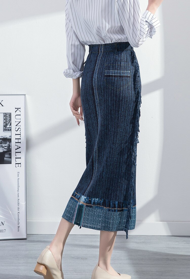 2022 wiosna nowy pakiet damski spódnica biodrówka Miyak fałdy moda Plus rozmiar Casual wysoka rozciągliwość Denim średniej długości plisowana spódnica
