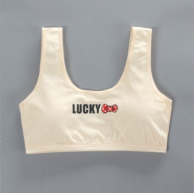 Lucky Bow cute top Light color Vest Bra underwear bottoming Girls under clothes teenager braces children soft cotton: Beige