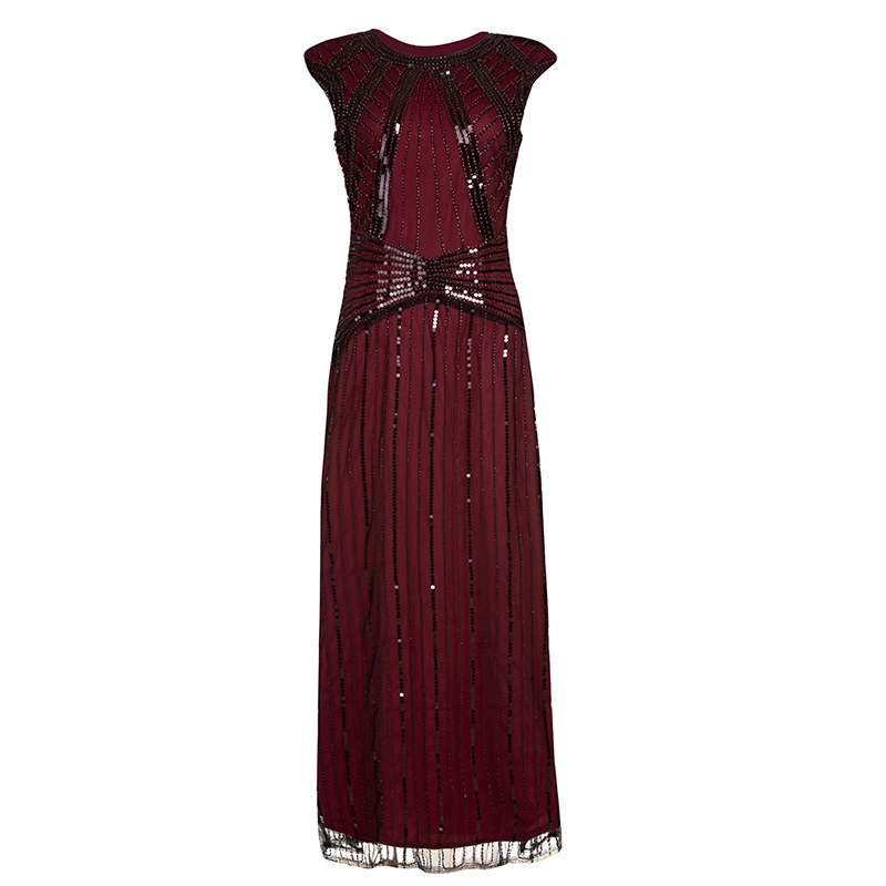 Beauty-Emily Mode O Hals Avondjurken Lange Vrouwen Jurk Pailletten Kwastje Party Prom Jassen Mouwloze retro Jurk: Burgundy / 14