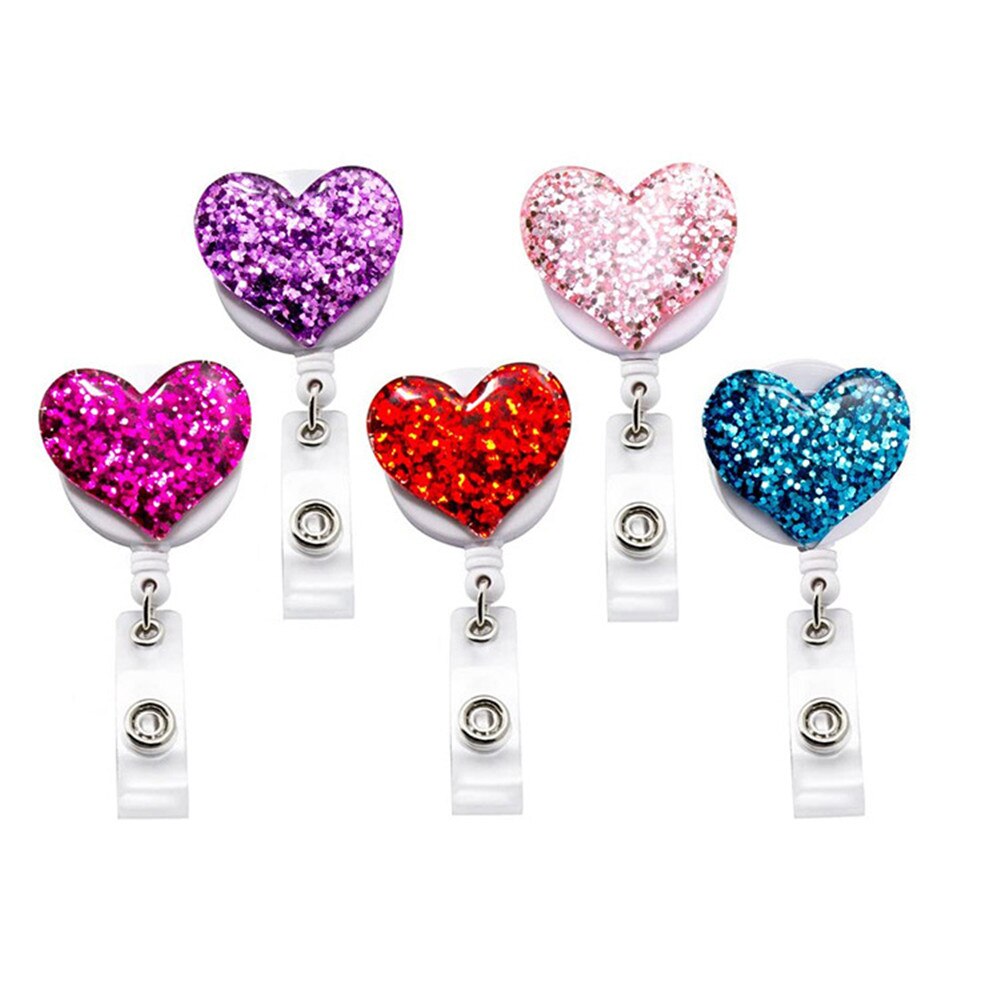 1pc Love Heart Glitter Sequins Badge Reel Retractable Badge Holder Nurse Doctor ID Card Holder Pull Key Chain Office Supplies