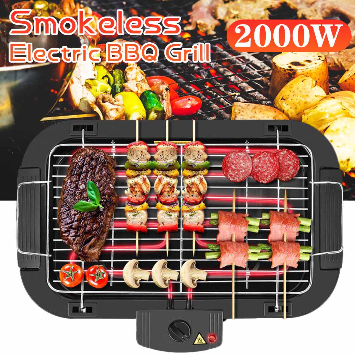 2000W Electric BBQ Grill Smokeless Barbecue Machine Household Indoor 5-Level Temperature Table Top Smokeless Tool for Camping