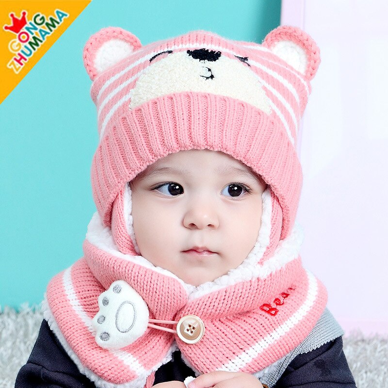 Molixinyu Winter Baby Hoed Voor Meisjes Dikker Warme Prinses Cartoon Baby Hoed Bib Beer Vorm Oor Bescherming Wol Jongens Hoed pak