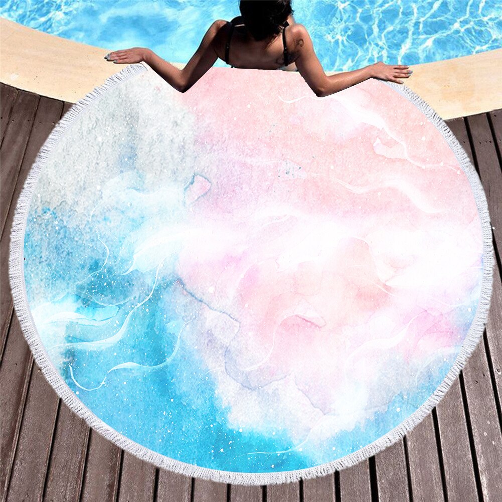 Serviette de plage ronde en microfibre pour adultes, motif de marbre coloré imprimé en 3D, tapis de Yoga avec pampilles, été, 150cm, T609