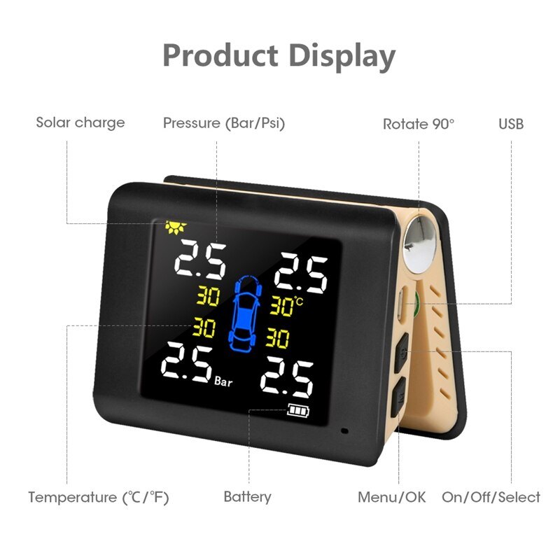 Universeel tpms auto draadloos bandenspanningscontrolesysteem met 4 externe sensoren alarm, voor auto voorruit beige