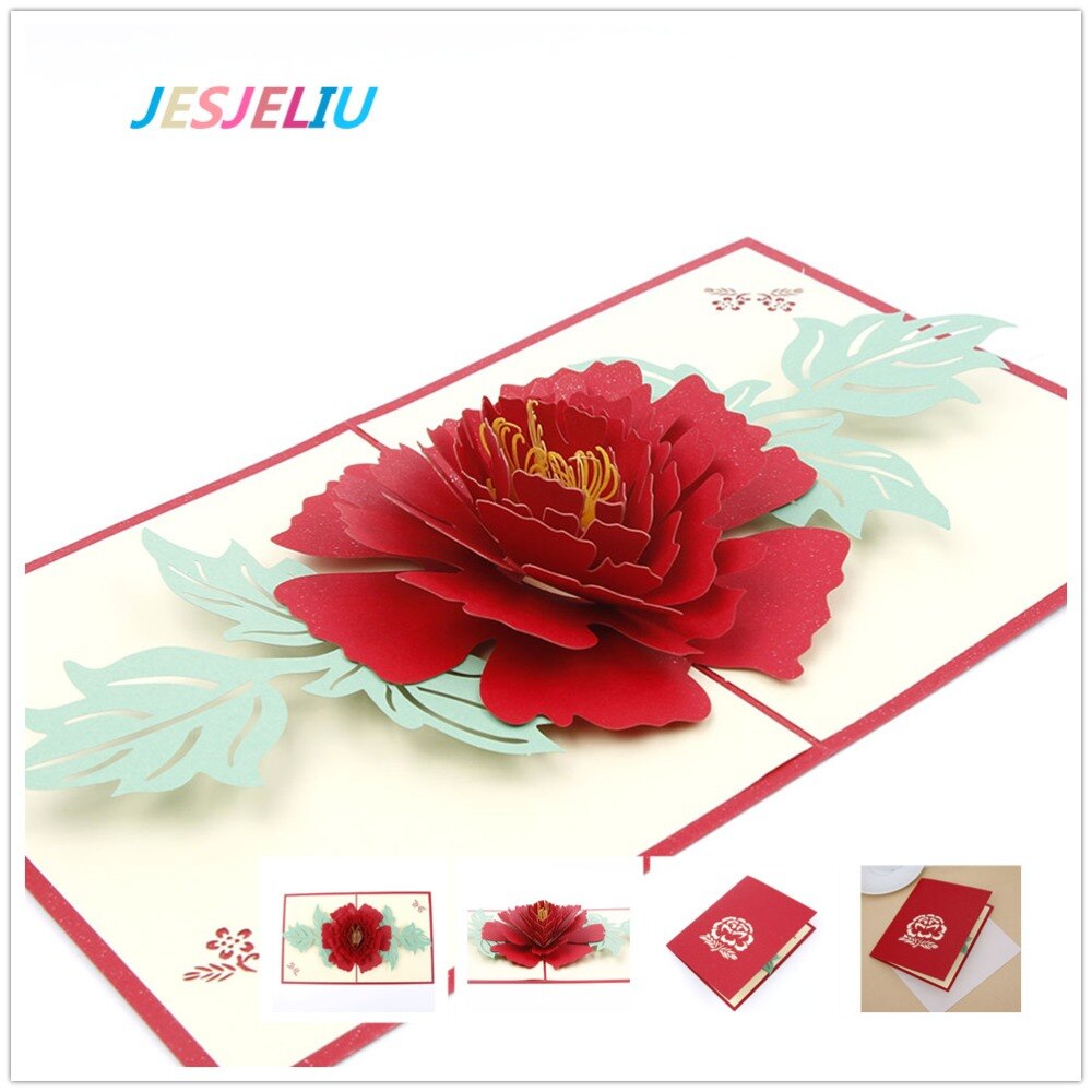 3D Pop Up Greeting Cards Peony Birthday Valentine Mother's Day Christmas Thanks Postcard Letter Paper
