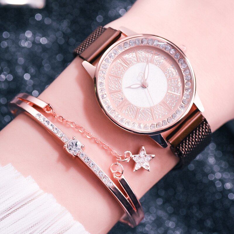 Dames leren sporthorloges quartzhorloges dames polshorloge dameshorloge met strass en armband: Magneet koffieset