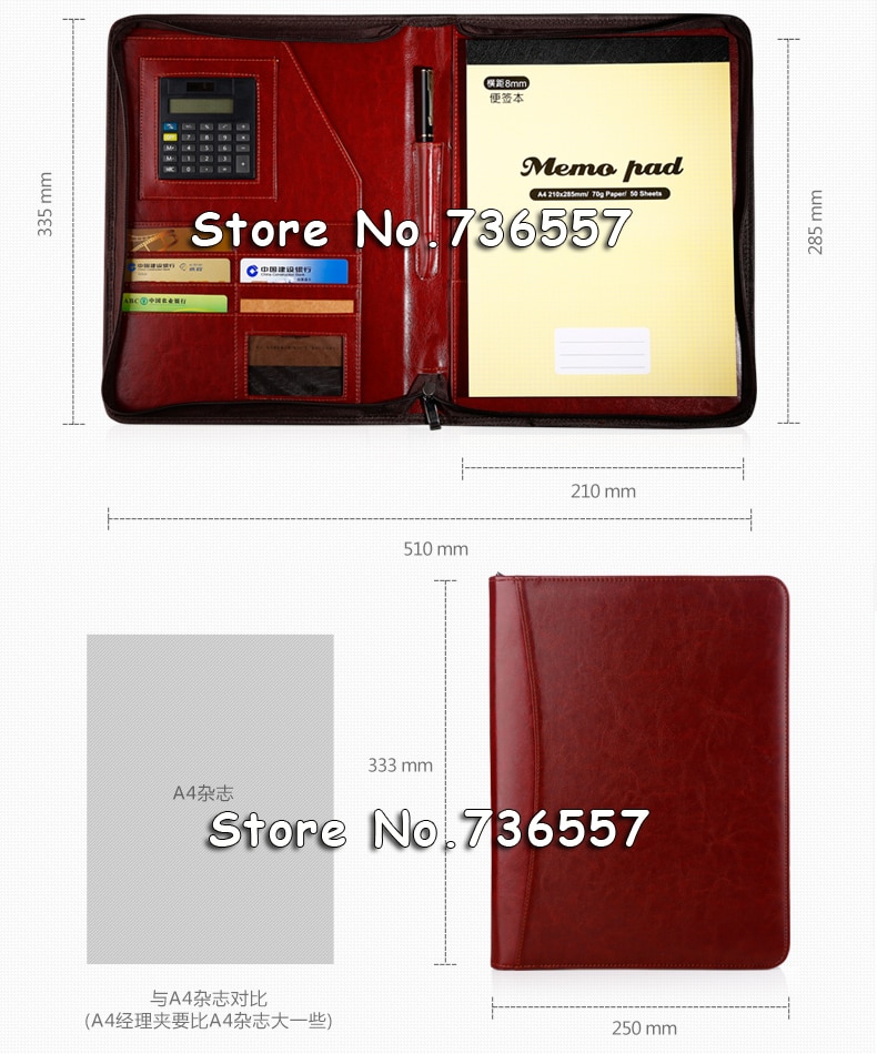 A4 office PU leather zipper portfolio folder document business executive padfolio classification