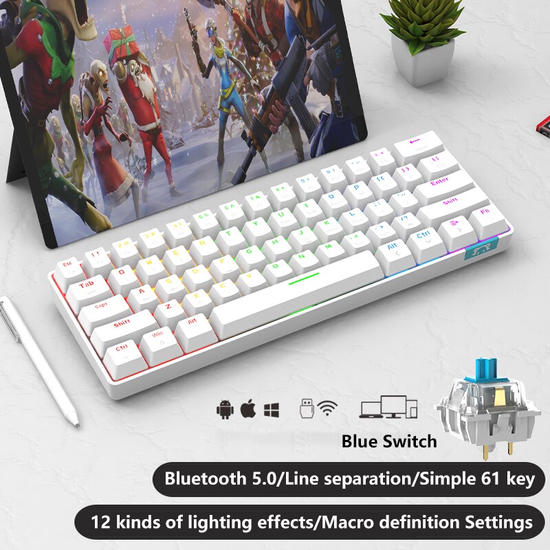 Ajazz STK61 Mechanical Keyboard Wireless Bluetooth 61 Keys Dual Mode Mix Backlit Mini Portable Gaming Keyboard for PC Desktop: White Blue Switch