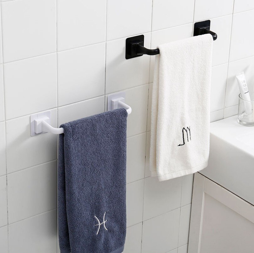 Sort plast vægmonteret håndklædestang selvklæbende håndklædestativ håndklæde ring badeværelse levering