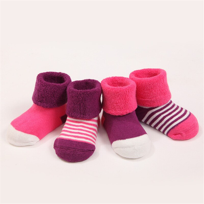 Vinter varm fortykkelse flanger stil børn sokker drenge piger sokker 4 par / pakke baby sokker: Lyserød lilla / 6m