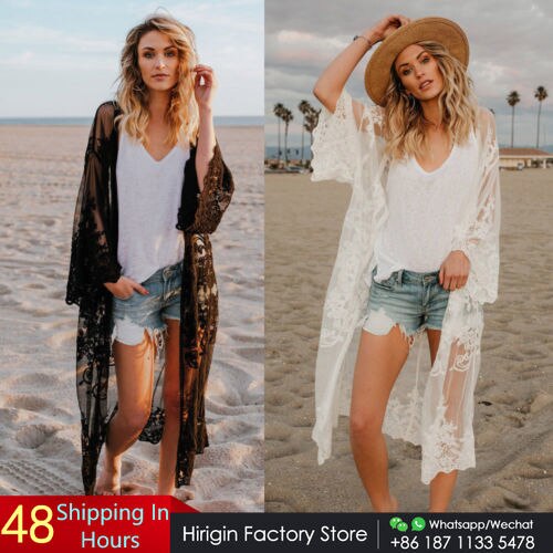 Vrouwen Beach Cover Up Beach Dress Chiffon Kant Kimono Cover Up Boho Casual Lange Mouw Vest Monokini Baden Kanten Jurk