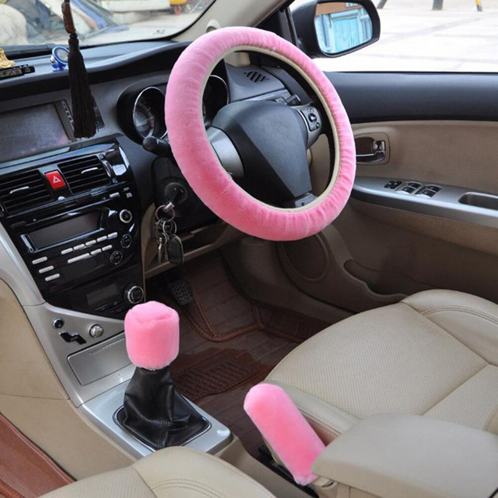 Funda de volante Universal de felpa de de coche, traje de tres piezas de felpa cálida de invierno, accesorios para coche peludos: Rosa