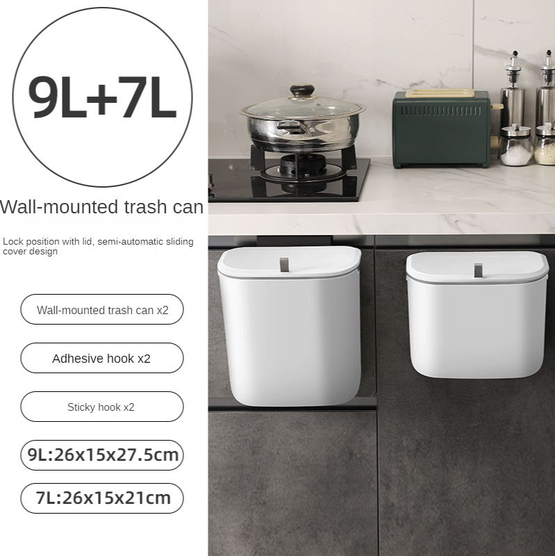 Wall Mounted Hanging Trash Can Kitchen Trash Bin Dustbin Garbage Kitchen Cabinet Door With Lid Rubbish Bin Garbage Can Waste Bin: 7L 9L set