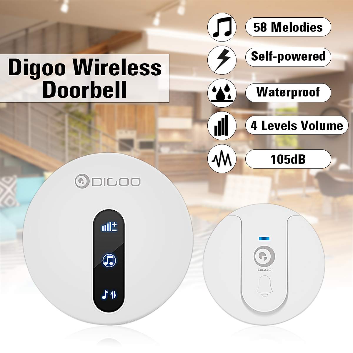 DIGOO DG-SD10 Transmitter Self-powered Waterproof Doorbell EU Plug Unique Sliding Button 58 Melodies 4 Levels Volume Door Bell