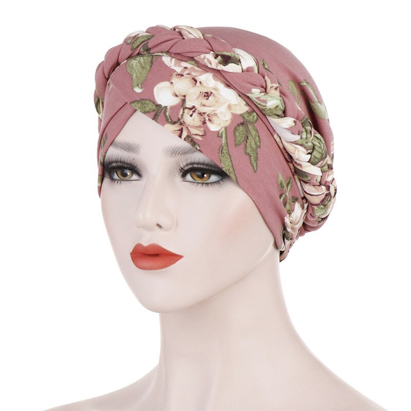 Turbante trenzado para mujer, pañuelo para la cabeza de algodón con estampado de flores, gorro, gorro cruzado para la frente, sombrero africano, listo para usar hijab musulmán, novedad de: 6