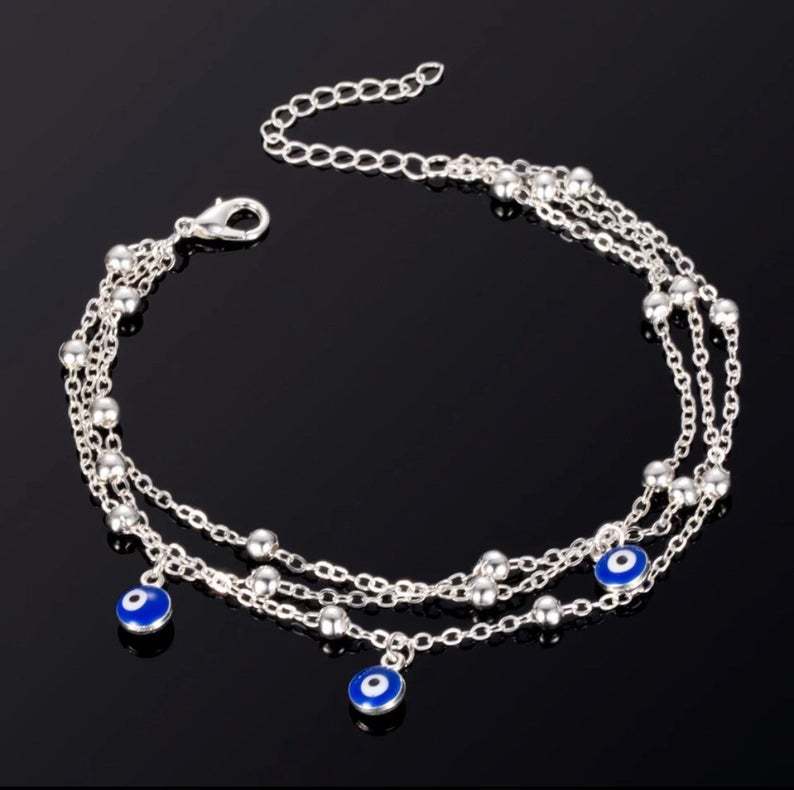 Lucky Eye Blue Turkish Eye Anklet Gold Silver Color Foot Chain Ankle Bracelet Adjustable for Women Girls Jewelry: Silver
