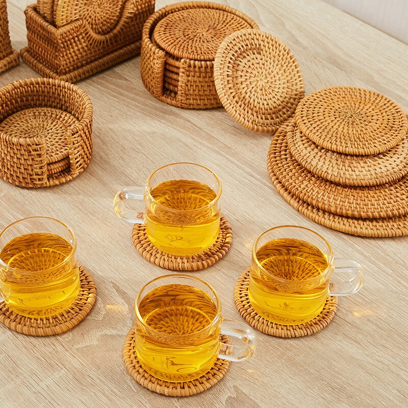 Mimbre de paja Natural para mesa aislamiento térmico taza de café o té antideslizante duradera, plato de cazuela, manteles individuales de mesa, posavasos para taza