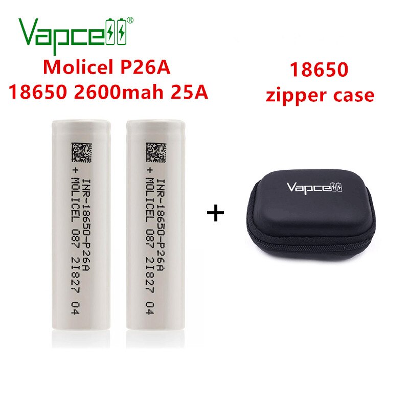 Vapcell Original P26A 18650 2600mAh 25A Flashlight/power tools battery li-ion rechargeable Molicel cell batteries: 2pcs and zipper case
