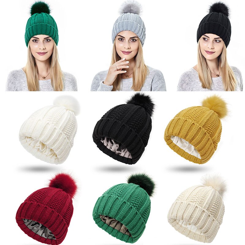 Winter Stricken Woolen Beanie Hüte für Frauen Silk Satin Gefüttert Chunky Kappe Weiche Stretch Kabel Stricken Warme Alle-spiel slouchy Sport Hut